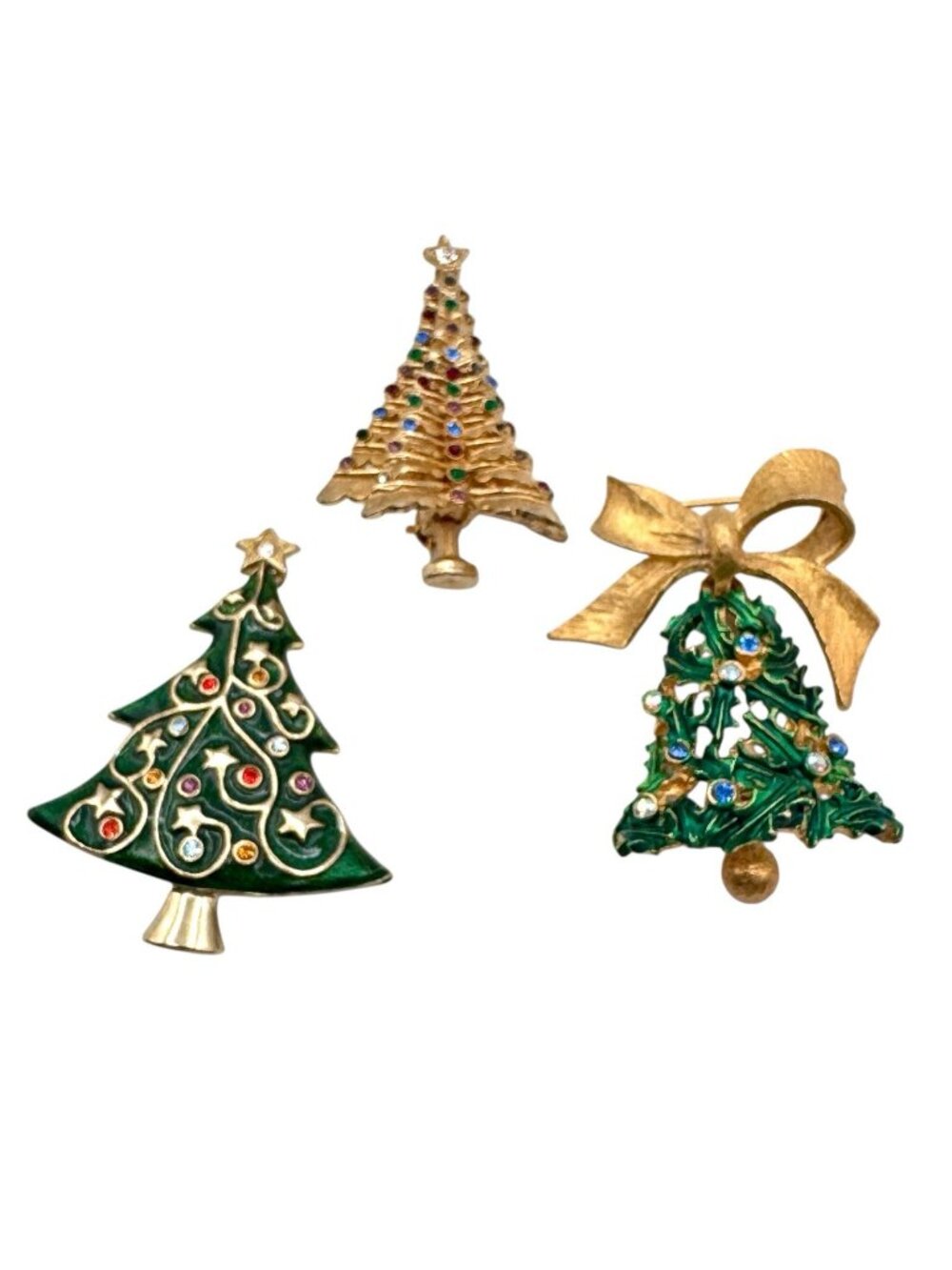 Christmas Tree Brooch Lot of 3 - MYLU Bell Enamel Rhinestone Gold Tone Tree - Picture 1 of 13